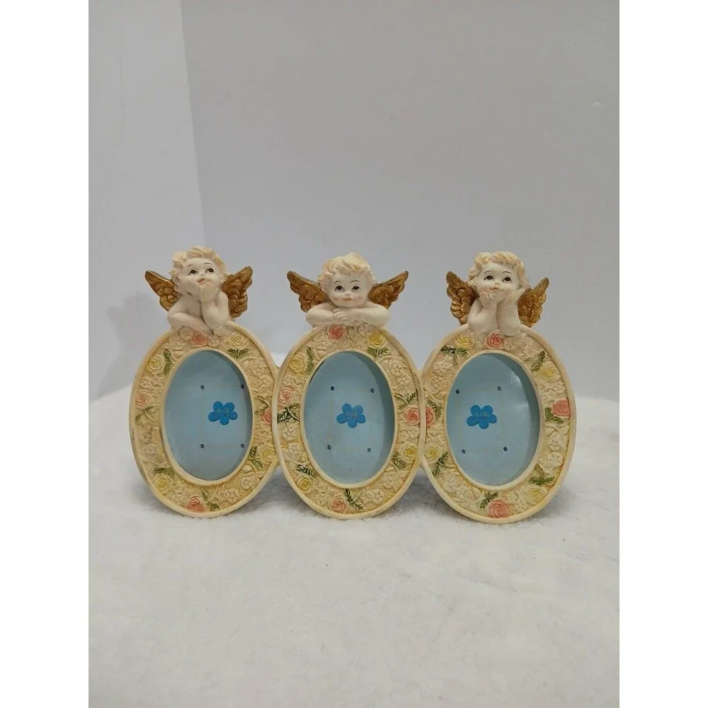 ​Vintage‎ Prestige Cherub Angel Triple Oval Picture Frame Roses Nursery Decor